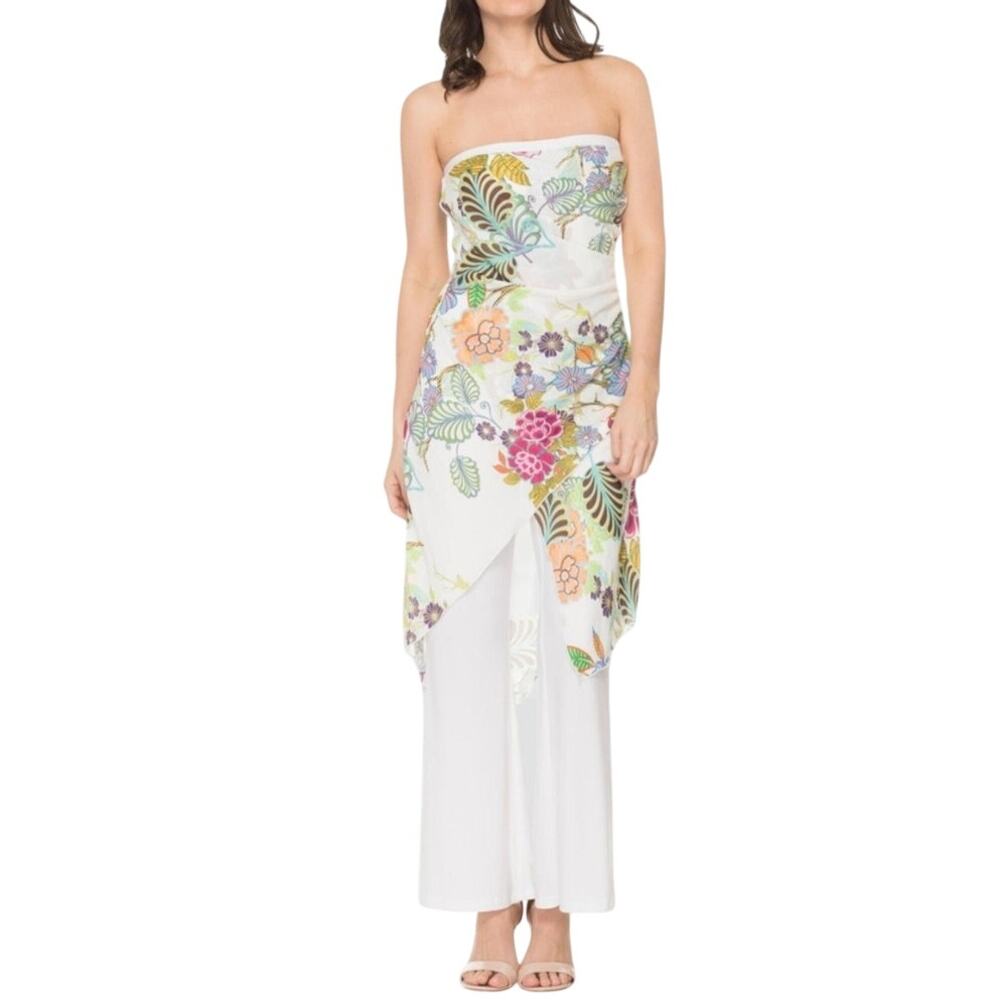 Joseph Ribkoff Jumpsuit Size 8 Multicolor Floral Strapless Wide Leg Vacay Travel